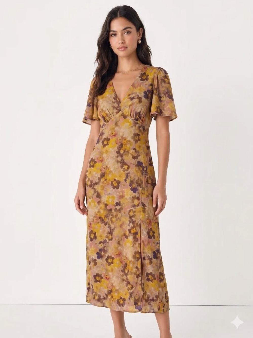 Lulu's Mustard and Brown Floral Autumn Fall Wedding Guest Midi Dress